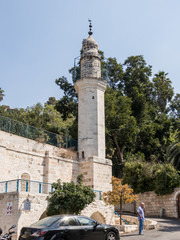 Mosque with the minaret, which are near the Mary's Spring in old city of Jerusalem, Israel