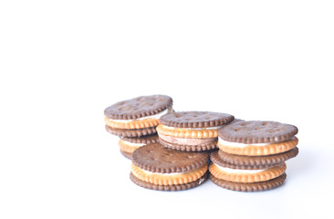 Chocolate Biscuits isolated on white background. selective focus with text space.