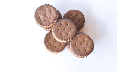 Chocolate Biscuits isolated on white background. selective focus with text space.