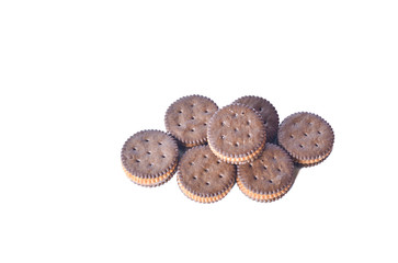 Chocolate Biscuits isolated on white background. selective focus with text space.