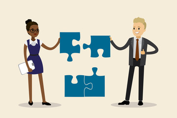 Obraz premium Business people different races with puzzle parts,