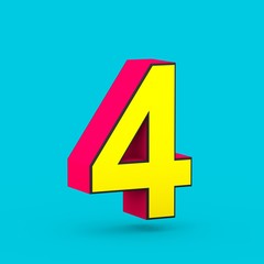 Superhero red and yellow number 4 isolated on blue background.