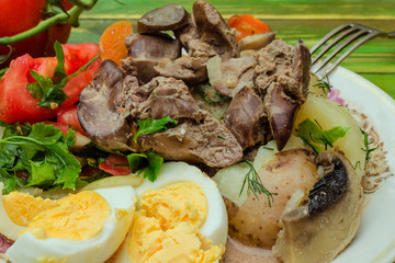 Fried chicken liver, chopped tomatoes with greens and boiled eggs on a white plate. Use for restaurant menu or dish description. The concept of delicious, quality food.