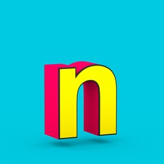 Superhero red and yellow letter N lowercase isolated on blue background.