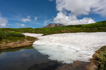 Ice gracial with Asahidake peak under beautiful blue cloudy sky, Asahikawa