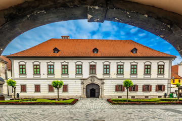 Varazdin Croatia architecture town. / Scenic view at historical buildings in city center of town Varazdin, famous travel destination in Croatia, Europe.