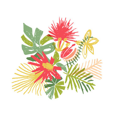 Tropical flower composition, hand drawn vector illustration isolated on white background. Floral bouquet, exotic plant, doodle style