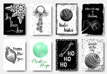Set of Christmas and New Year greeting cards with handwritten brush calligraphy and decorative elements. Decorative hand drawn illustration for winter invitations, cards, posters and flyers. Vector.