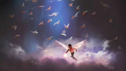 Schilderijen op glas boy with angel wings holding a glowing ball running through group of birds, digital art style, illustration painting © grandfailure