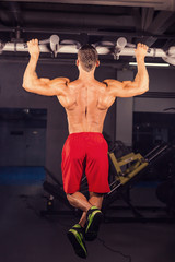 Naklejka premium Strong young man doing pull up exercise on horizontal bar in gym