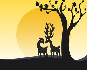 silhouettes of deer in the forest, sunset background.