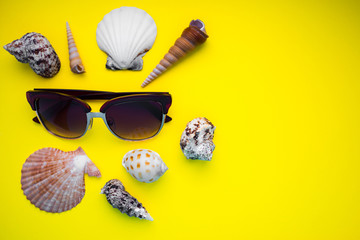 Obraz premium seashells and sunglasses on yellow background