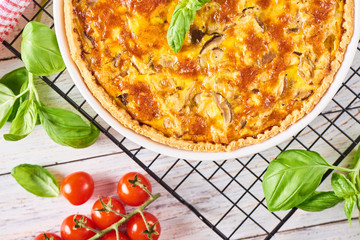 Homemade quiche lorraine  chicken, mushrooms and cheese