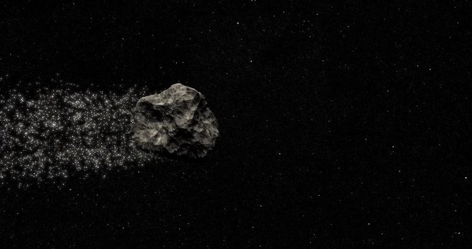 Camera tracks a passing asteroid which is trailing dust, and continues pan to a distant Ganymede. Can be rotated 180 degrees. Elements of this image furnished by NASA.
