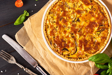 Homemade quiche lorraine  chicken, mushrooms and cheese