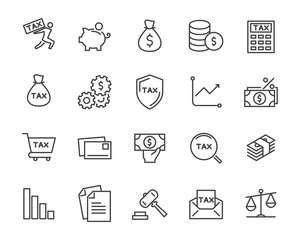 set of tax vector line icons, such as mail, payment, money, legal and more