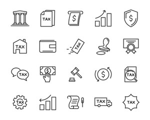 set of tax vector line icons, such as mail, payment, money, legal and more