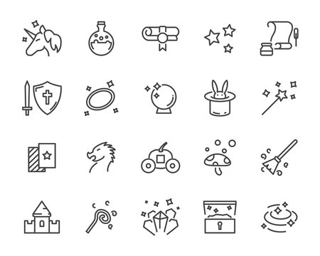 set of fantasy vector icons, such as dragon, unicorn, treasure and more