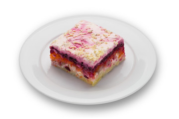 Layered salad herring under a fur coat, isolated on white background