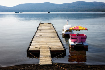 recreation boats on Lake Yamanaka in morning