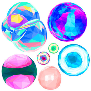 Bubble set low poly on white background. Different colorful polygonal illustration of bubbles for stress relief, summer fun. Rainbow ultraviolet reflections on glass, soap and gum textured bubbles.