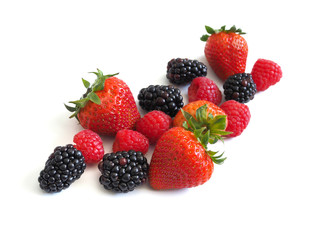 Fototapeta na wymiar Fresh strawberry, raspberry and blackberry on wooden background, healthy food and diet.