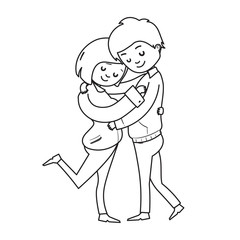 Romantic couple hugging man and woman hugging lovingly line drawing illustration