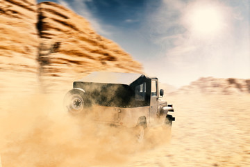 Geländewagen in steiniger Wüste mit Gebirge