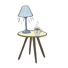 A tea mug on the table under lamplight hand drawn vector