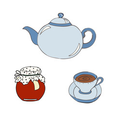 A tea set. Teapot and a mug painted lines on a white background. Vector sketch of dishes. Glass teapot, green tea