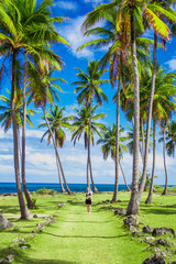 Fototapeta premium Young girl traveller on the green road with palm trees. 