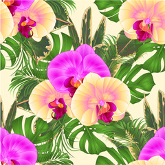 Seamless texture bouquet with tropical flowers  floral arrangement, with beautiful yellow and purple orchids, palm,philodendron and ficus vintage vector illustration  editable hand draw