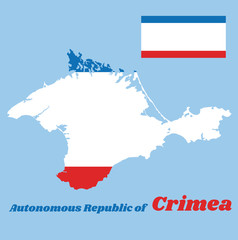 Obraz premium Map outline and flag of Crimea, a blue white and red triband . with name text Autonomous Republic of Crimea.