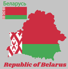 Map outline and flag of Belarus, a horizontal bicolor of red over green in a 2:1 ratio, with a red ornamental pattern on a white vertical stripe at the hoist. with name text Republic of Belarus.