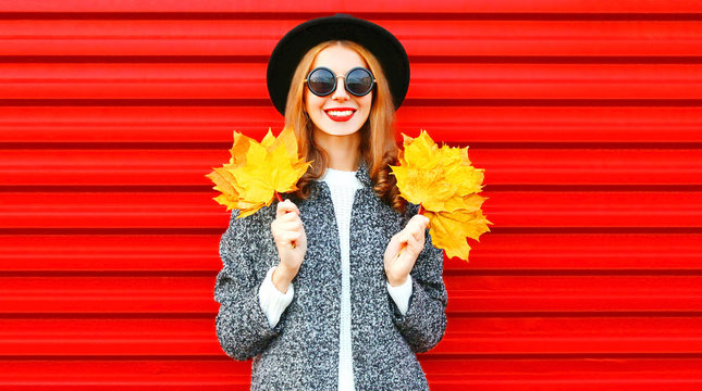 Pretty autumn smiling cool girl with yellow maple leaves on a red background