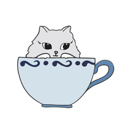 Cute cat sitting in the cup on white background Hand drawn vector