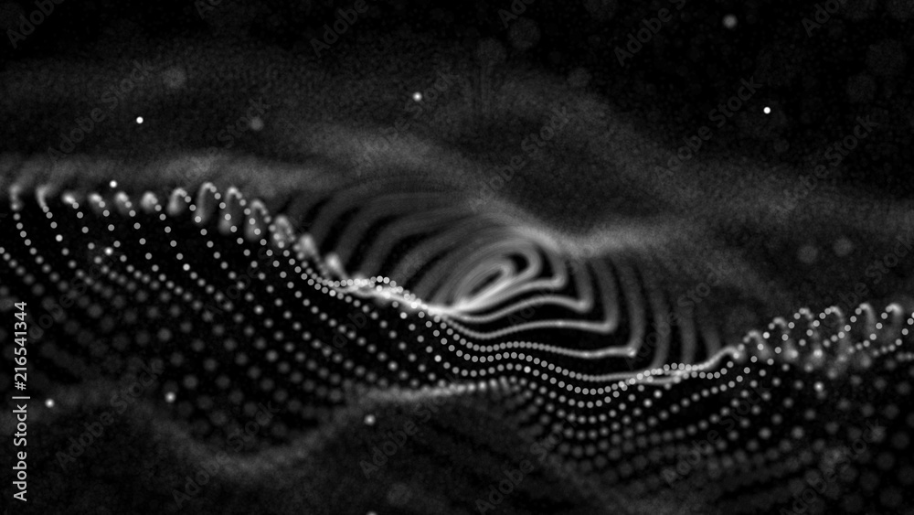 Poster Abstract digital wave particle. Abstract music background. Futuristic point wave. Big data. 3D rendering.