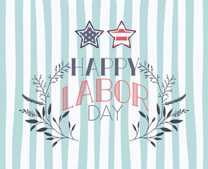 happy labor day label with leafs and stars vector illustration design