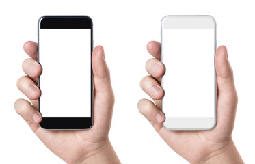 Hand holding black and white smartphones, isolated on white background