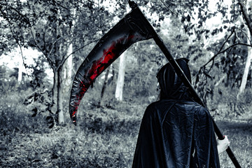 Back view of demon witch with reaper and blood in the mystery forest. Horror and Ghost concept....