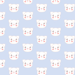 Ornament abstract pattern with white cute cat face on white background