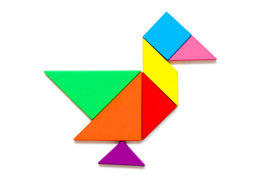 Color wood tangram puzzle in duck shape on white background