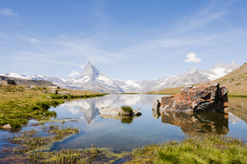 Zermatt, Stellisee, Bergsee, Spiegelung, Matterhorn, Wallis, Alpen, Schweizer Berge, Wanderweg,...