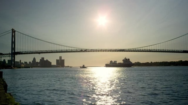 Morning Timelapse Detroit River Freighter Under Bridge
