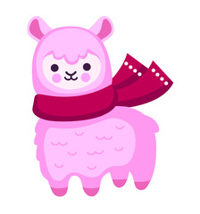 Pink cartoon alpaca with scarf. Vector illustration.