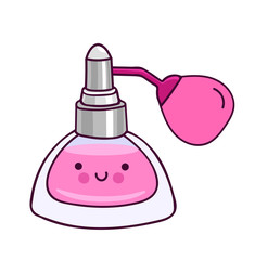 Cute pink perfume bottle with smile. Cartoon character. Vector illustration.
