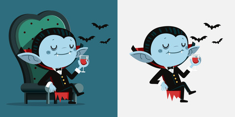 Cute cartoon tiny Dracula sit in a chair and drink blood