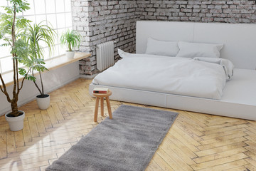 3d rendering of bedroom with white bricks wall and parquet floor