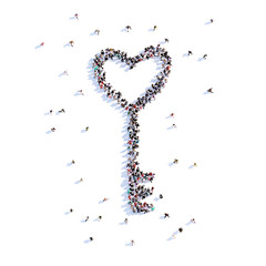 A lot of people form key, heart, love, icon . 3d rendering.