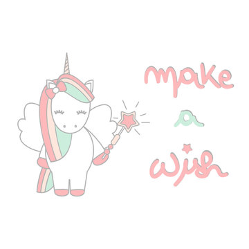 cute vector hand drawn lettering make a wish card with unicorn